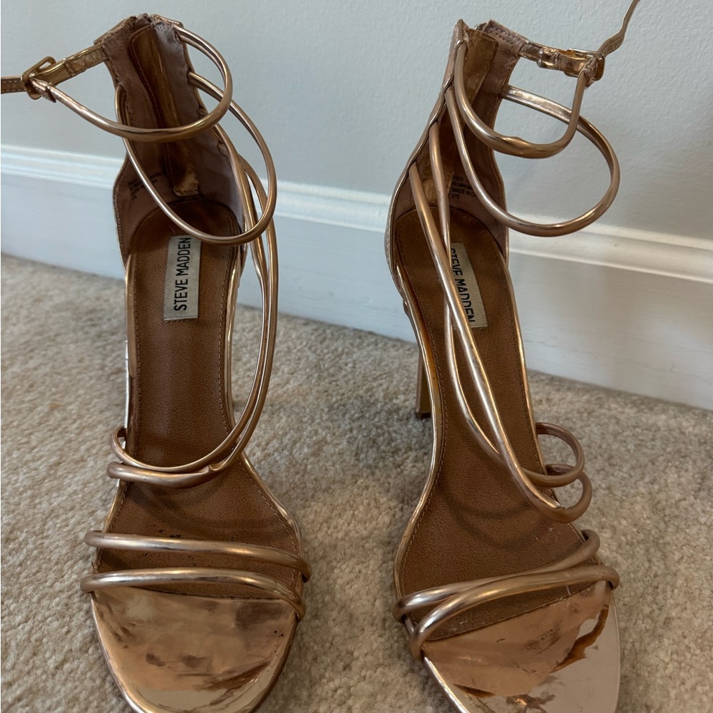 Steve Madden Metallic Rose Gold Wrap-Around Stiletto Sandals - Picture 1 of 6